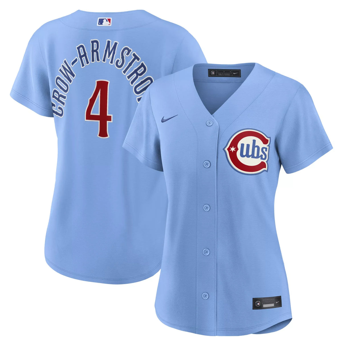 Camiseta réplica de jugador alternativo Nike azul empolvado de Pete Crow-Armstrong de los Chicago Cubs para mujer