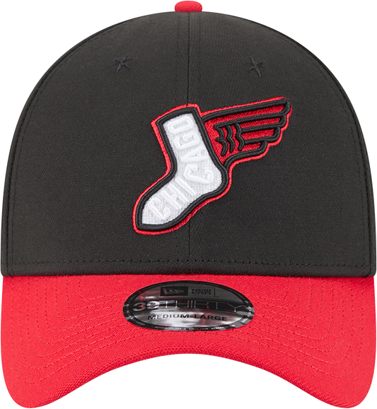 Gorra New Era 39THIRTY Flex Fit alternativa negra/roja City Connect 2025 de los Chicago White Sox