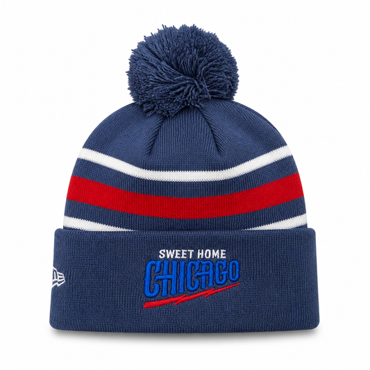 Gorro de punto con puños y pompón de los Chicago Cubs New Era azul marino, segunda versión alternativa, con el oso Guitar