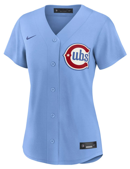 Camiseta réplica de jugador alternativo Nike azul empolvado de Pete Crow-Armstrong de los Chicago Cubs para mujer