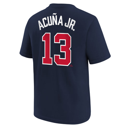 Camiseta juvenil Ronald Acuña Jr. Atlanta Braves Nike azul marino FUSE con nombre y número del jugador