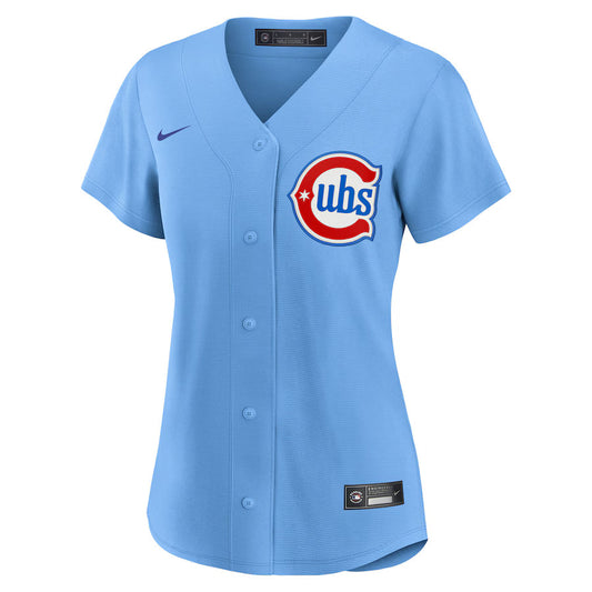 Camiseta réplica Nike Alternate 2 azul claro de los Chicago Cubs para mujer