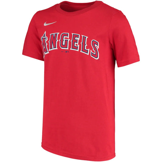 Camiseta juvenil de Mike Trout de los Los Angeles Angels Nike con nombre y número en rojo