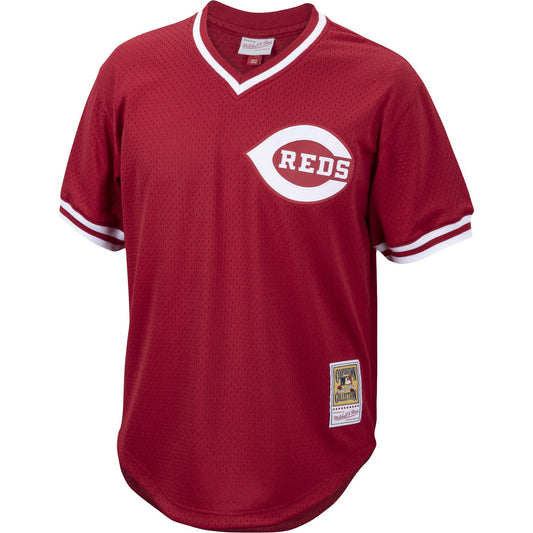Camiseta auténtica de práctica de bateo de malla para hombre Pete Rose Cincinnati Reds Mitchell & Ness Cooperstown Collection - Rojo