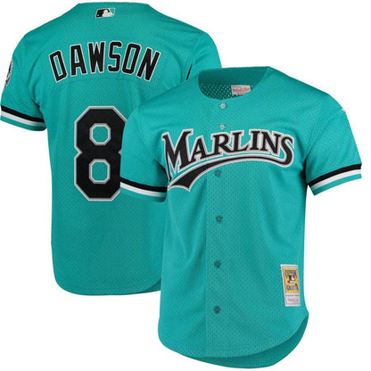 Camiseta de práctica de bateo de malla color verde azulado de los Florida Marlins de Andre Dawson de 1995, Mitchell & Ness, Colección Cooperstown, para hombre