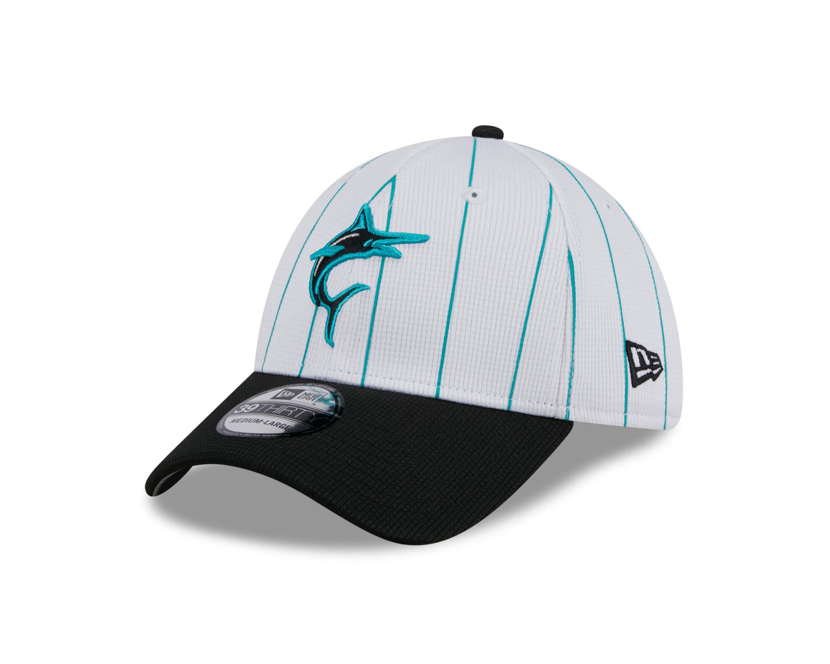 Men's Miami Marlins New Era 2024 Batting Practice White/Black 39THIRTY Flex-Fit Hat