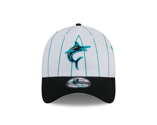 Gorra 39THIRTY Flex-Fit de bateo de práctica de los Miami Marlins New Era 2024 en blanco/negro para hombre