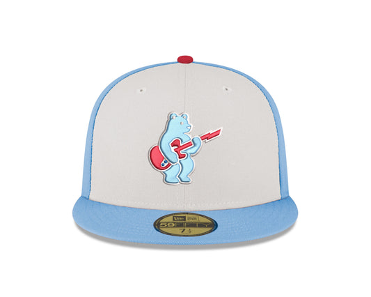 Gorra ajustada 59FIFTY de los Chicago Cubs para hombre, New Era Chrome/Sky Blue Guitar Bear Alternate