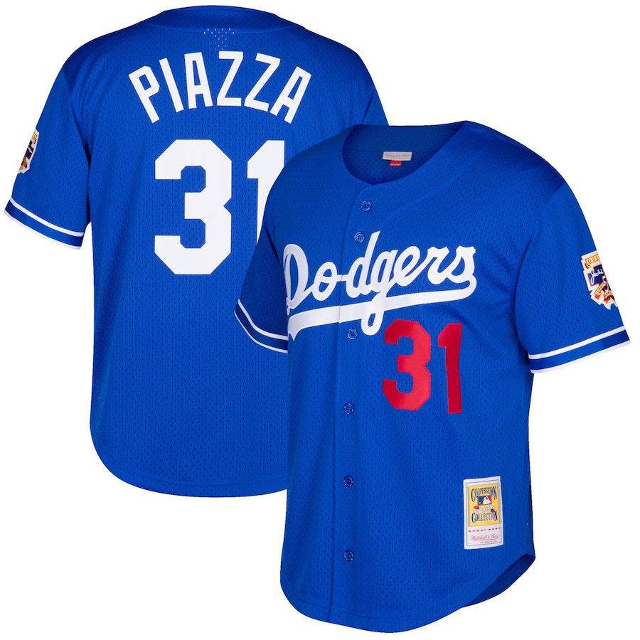 Camiseta de práctica de bateo de malla Royal Cooperstown Collection de Mike Piazza de los Los Angeles Dodgers para hombre de Mitchell & Ness