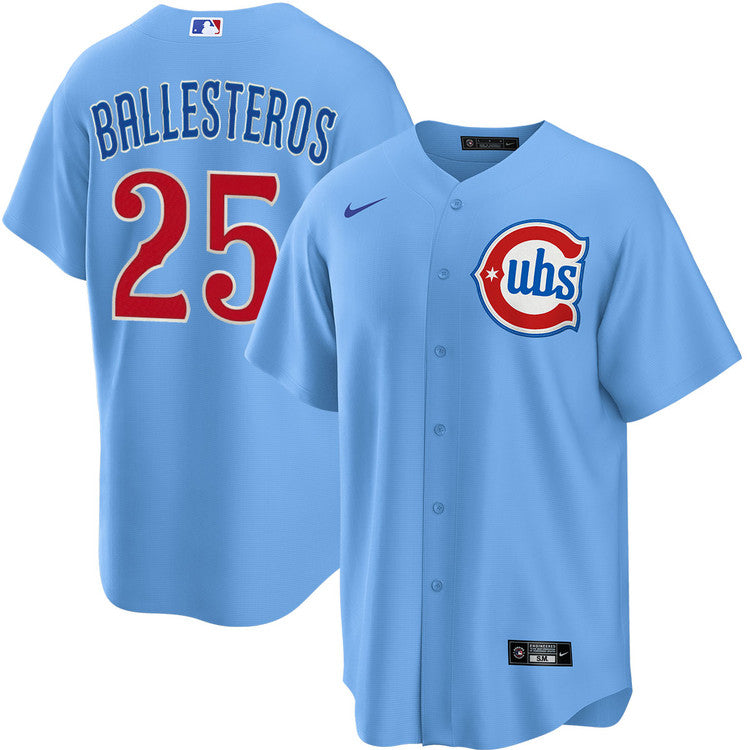 Camiseta réplica juvenil Moisés Ballesteros Alternate 2 NIKE Baseline azul pálido de los Chicago Cubs