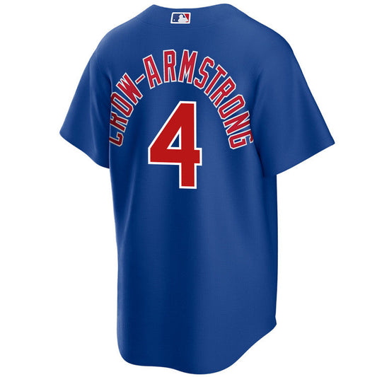 Camiseta réplica alternativa juvenil Nike de Pete Crow-Armstrong #4 de los Chicago Cubs en color azul real