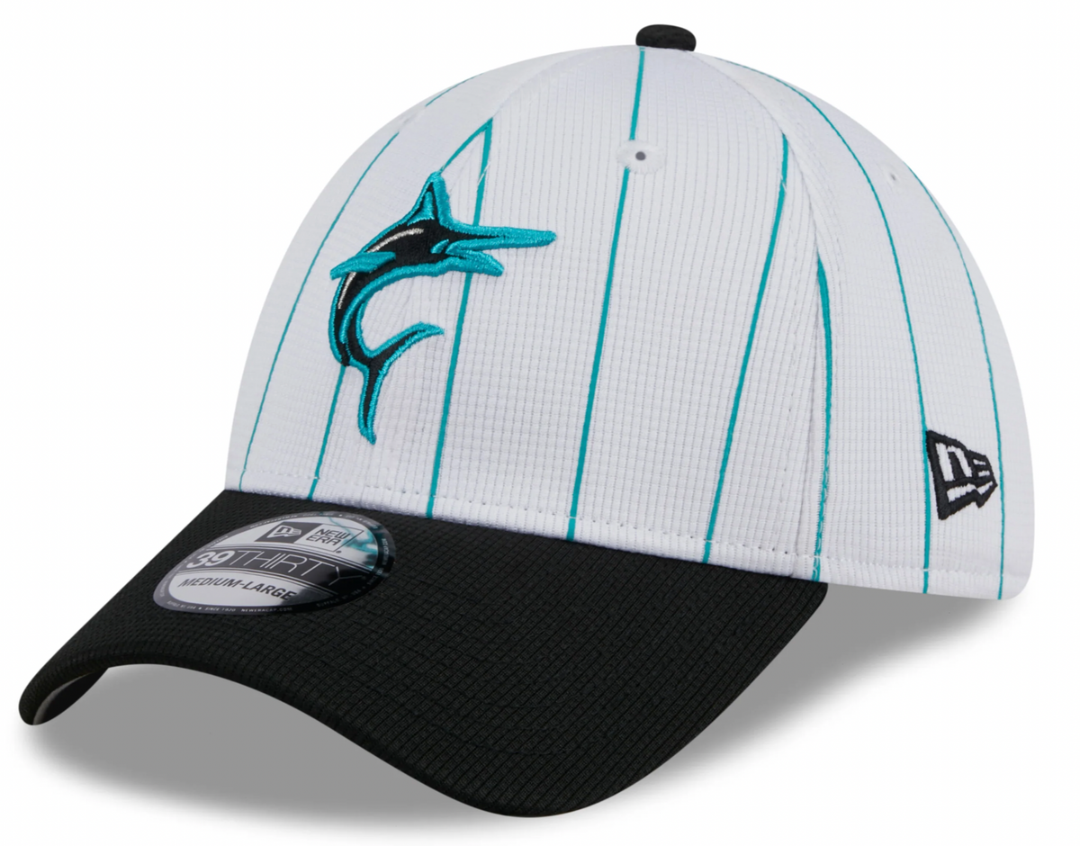 Men's Miami Marlins New Era 2024 Batting Practice White/Black 39THIRTY Flex-Fit Hat