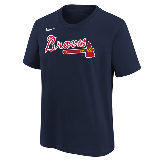 Camiseta juvenil de Ronald Acuña Jr. de los Atlanta Braves Nike azul marino con nombre y número del jugador