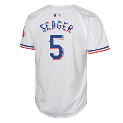 Camiseta réplica limitada de local blanca NIKE de Cory Seager para jóvenes de los Texas Rangers