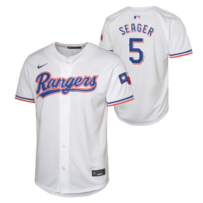 Camiseta réplica limitada de local blanca NIKE de Cory Seager para jóvenes de los Texas Rangers