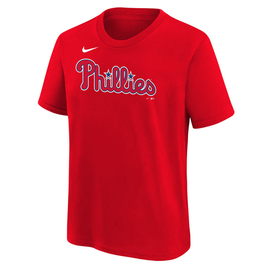 Camiseta juvenil roja Nike de los Philadelphia Phillies Trea Turner con nombre y número del jugador