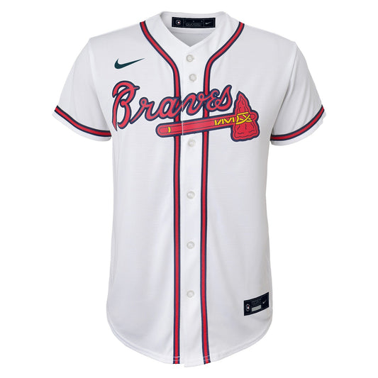 Camiseta réplica infantil Ronald Acuña Jr. Atlanta Braves, blanca de local, NIKE con estampado serigrafiado