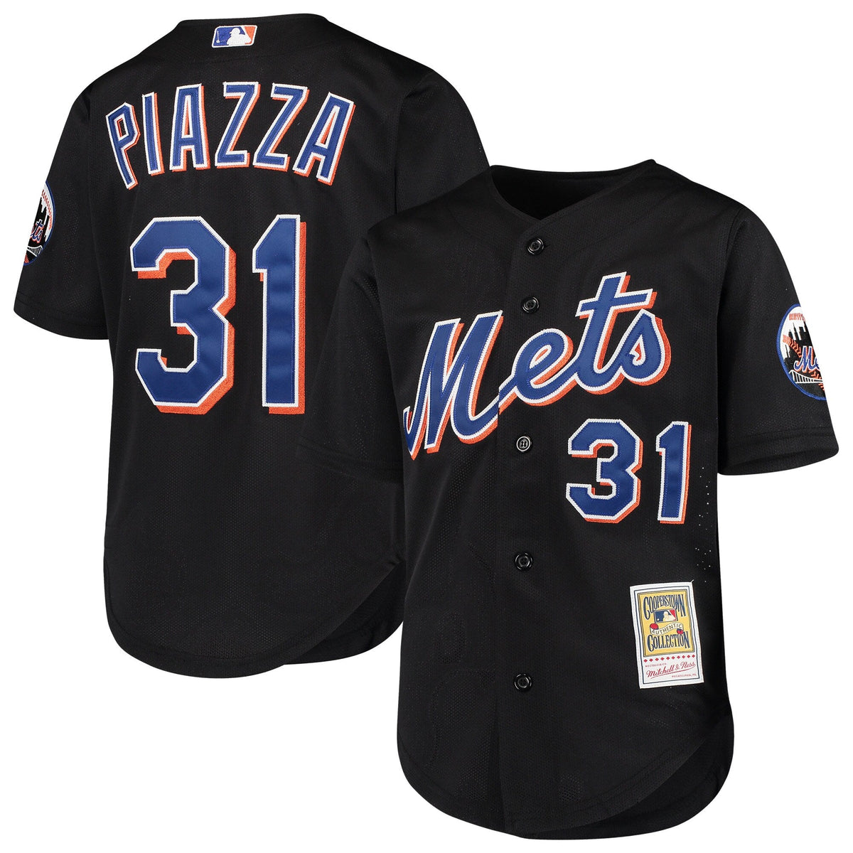 Camiseta de práctica de bateo negra de los New York Mets Mike Piazza Mitchell & Ness para jóvenes, colección Cooperstown