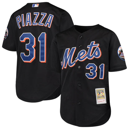Camiseta de práctica de bateo negra de los New York Mets Mike Piazza Mitchell & Ness para jóvenes, colección Cooperstown