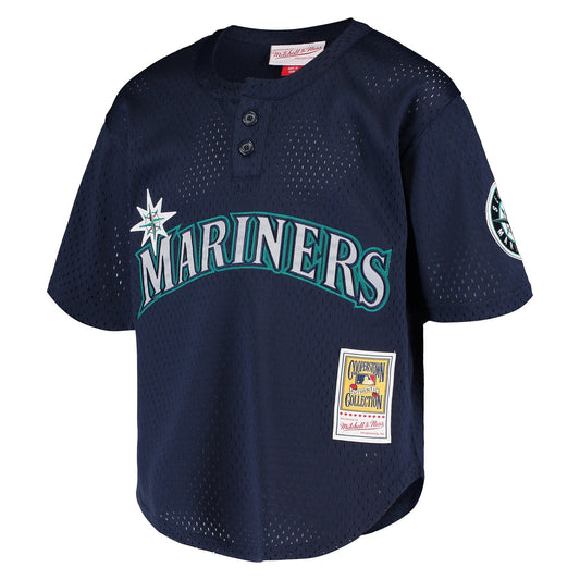 Camiseta juvenil de práctica de bateo de malla Ken Griffey Jr. de los Seattle Mariners, Mitchell & Ness, Colección Cooperstown, azul marino