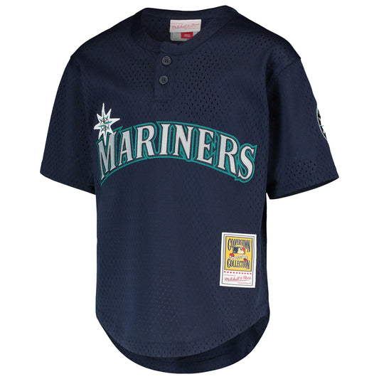 Camiseta de práctica de bateo de malla para jóvenes Colección Cooperstown Mitchell & Ness de Ichiro Suzuki Seattle Mariners - Azul marino